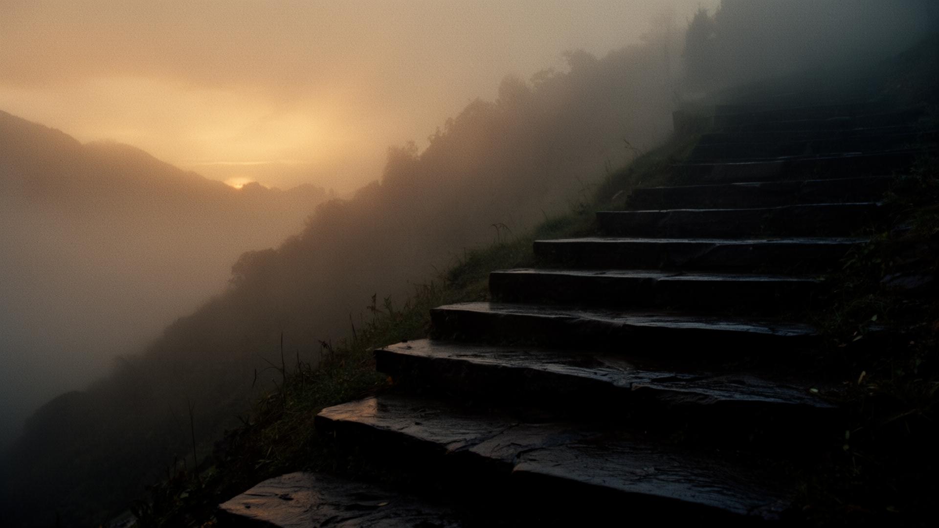 Mountain fog over wet stone steps at dawn